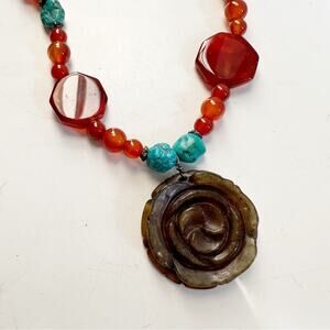 Beaded Beads Faux Stone Floral Necklace chunky Boho Bohemian Brown Orange Blue